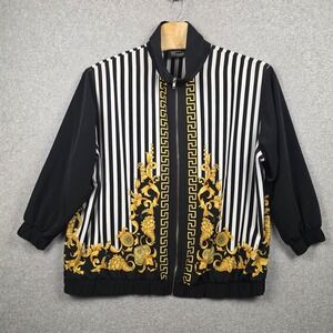 Vintage Silver Threads Bomber Jacket‎ Womens 3XL Black Baroque Stripe Satin Zip